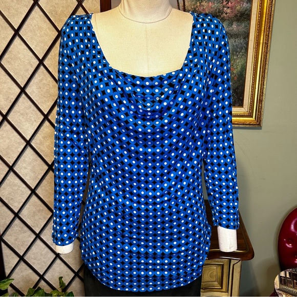 Michael Kors Blue Black White Circle Diamond Draped Neck Shirt Blouse New NWOT - Picture 2 of 10
